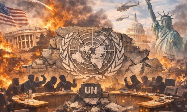 Illustration d’un monde en crise avec le symbole de l’ONU en ruine, sur fond de conflits internationaux et de tensions géopolitiques.